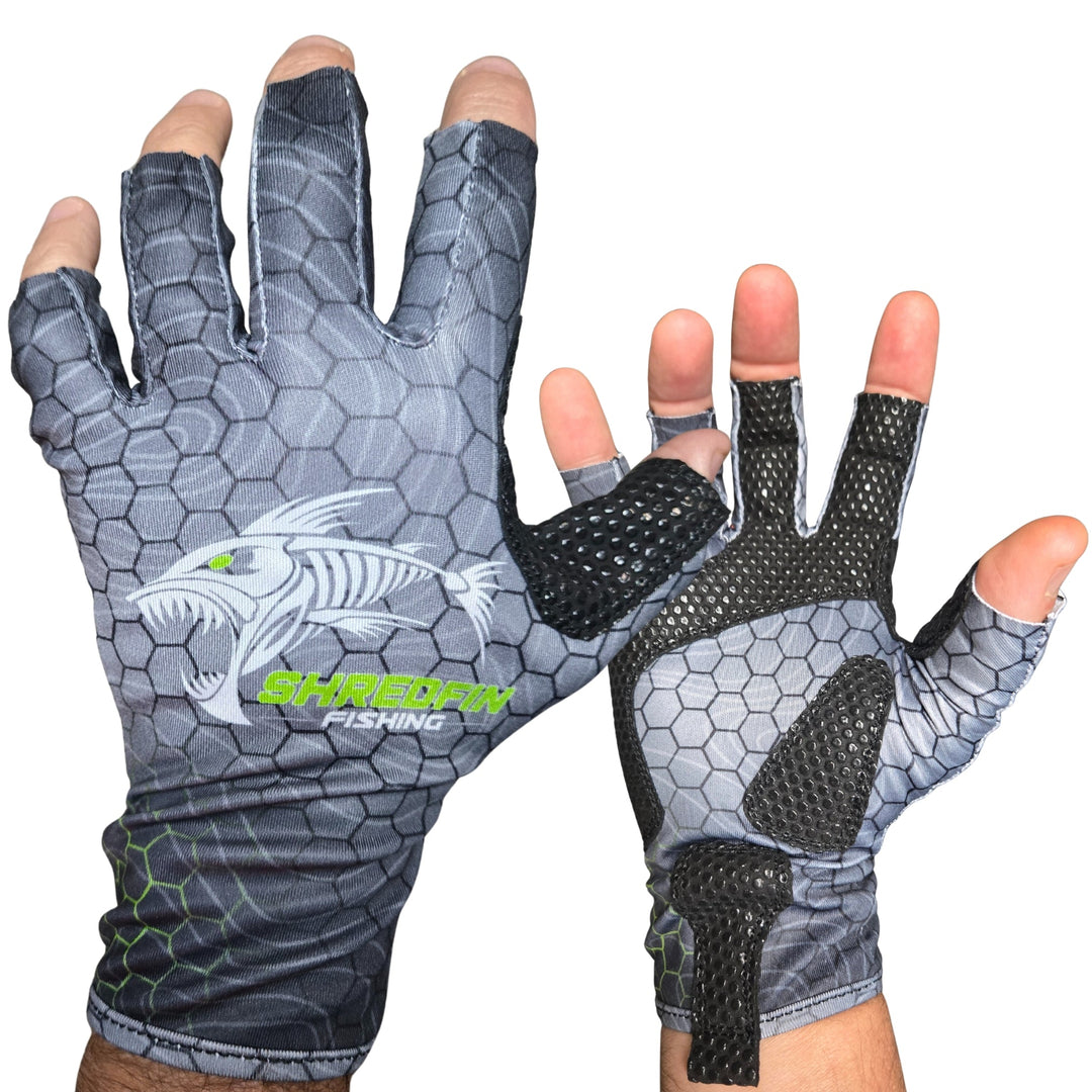 ShredFin Fingerless Fishing Gloves | HexCast Pattern | Tungsten Gray/Neon Green