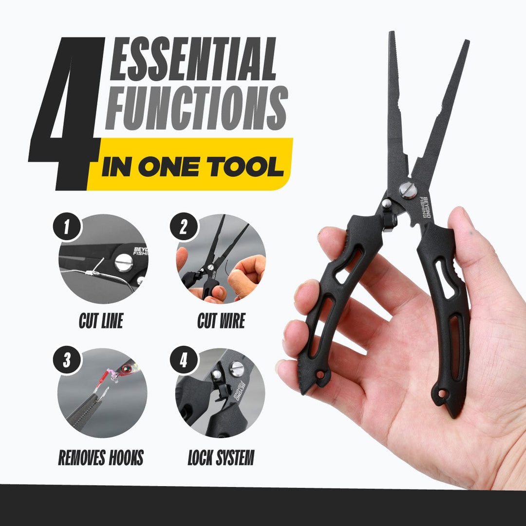 Beyond Braid 8.5-inch long nose fishing pliers with ergonomic grip and stainless steel construction, perfect for fishing gear.