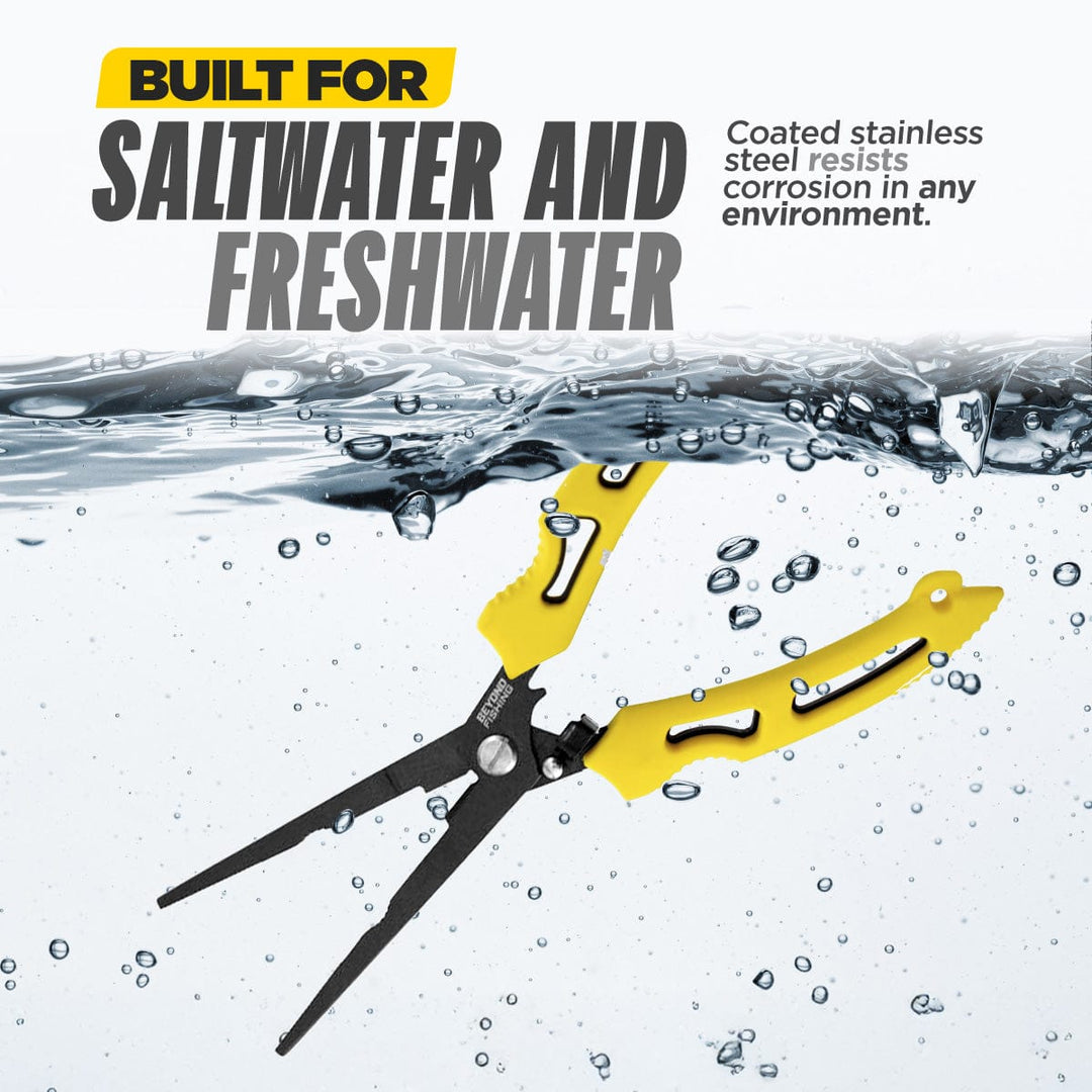 Beyond Braid 8.5-inch long nose fishing pliers with ergonomic handles and precision gripping for tackle and line adjustments.