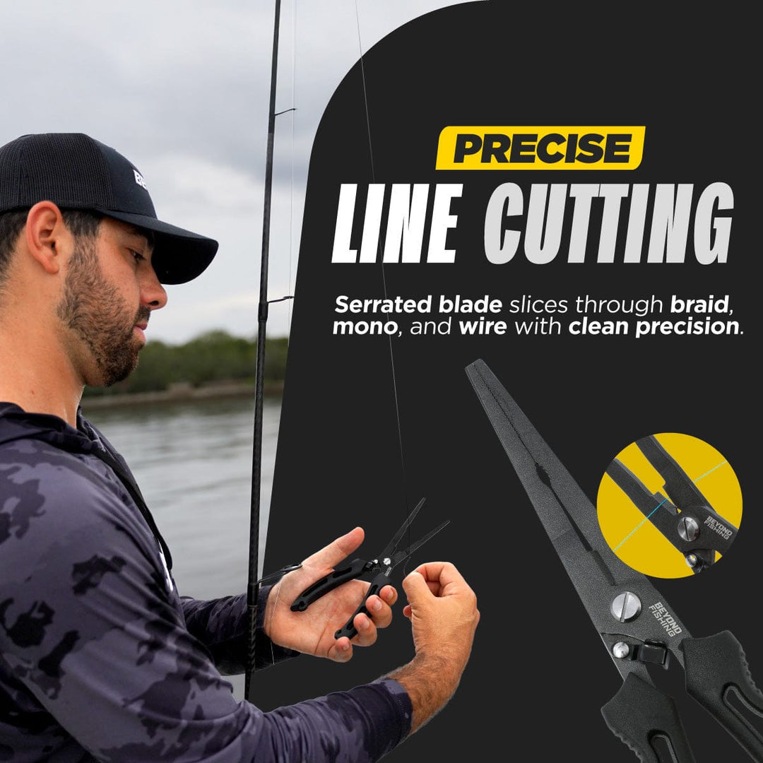 Beyond Braid 8.5-inch long nose fishing pliers with textured grip and stainless steel jaws for precise fishing line and tackle handling.