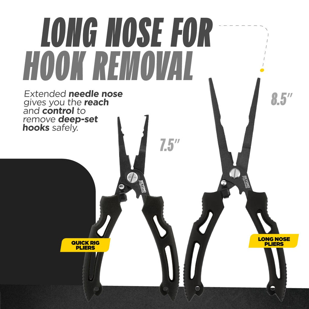 Beyond Braid 8.5-inch long nose fishing pliers with ergonomic handles and precise jaws for fishing gear and tackle.