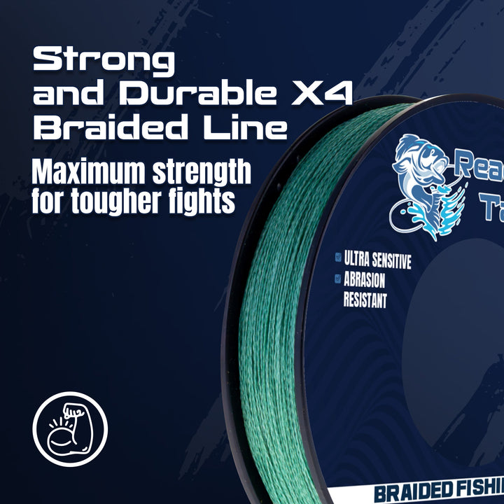 Reaction Tackle braided fishing line, USA-made, 1.02mm diameter, tightly wound spool with clear label and sturdy packaging.