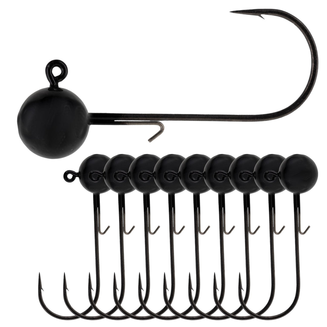 Set of 10 black reaction tackle lead ball jigs with round heads for stick baits, ideal for fishing lures and jigging.