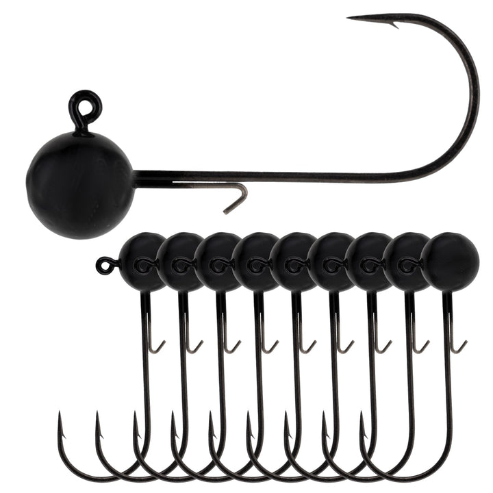 Set of 10 black reaction tackle lead ball jigs with round heads for stick baits, ideal for fishing lures and jigging.