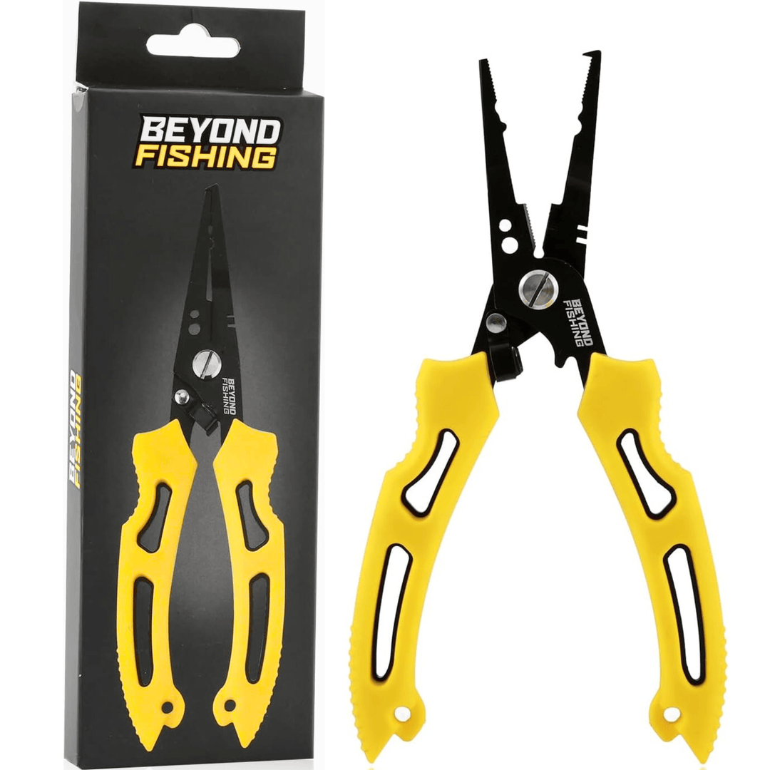 Beyond Braid 8.5-inch long nose fishing pliers with ergonomic handles and stainless steel jaws for precise fishing tasks.