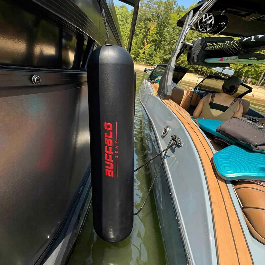 Buffalo Gear inflatable boat fender measuring 11.8 x 39.4 inches with electric pump for boat protection.