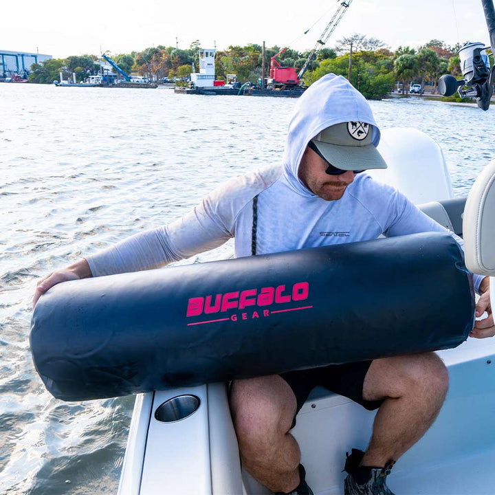 Buffalo Gear 11.8" x 39.4" inflatable boat fender with electric pump for boat protection and docking.