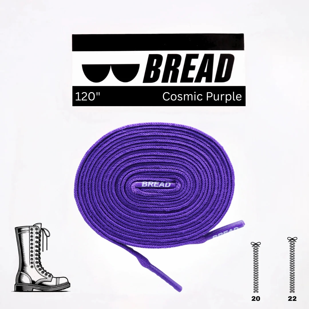 Elastic shoelaces in cosmic purple by Bread, showing the flexible, vibrant laces on a shoe for easy fastening and style.