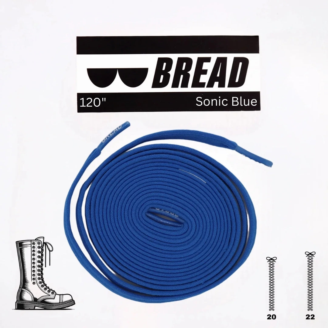 Sonic Blue Elastic Shoelace by Bread, showing a close-up of the blue stretchy laces laid flat.