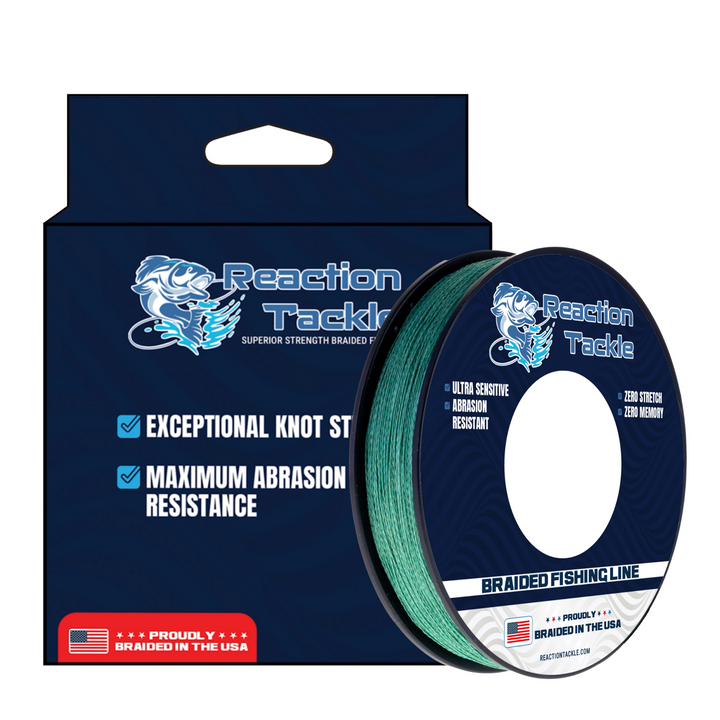 Reaction Tackle braided USA fishing line spool with four strands, showcasing the durable, high-quality braided fishing line.