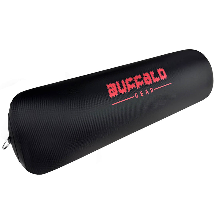 Buffalo Gear 13" x 47.2" inflatable boat fender with electric pump, showing the bright yellow fender and pump attachment.