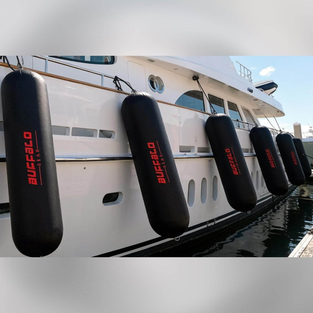 Inflatable boat fender from Buffalo Gear with electric pump, 13 inches by 47.2 inches, protecting boat sides.