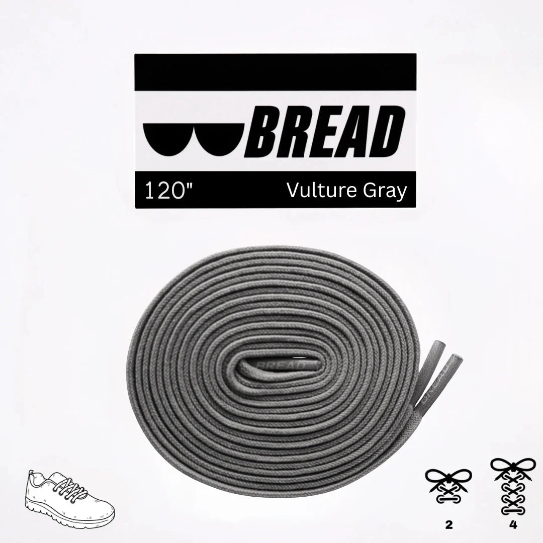Gray elastic shoelace from Bread Vulture collection, showing a close-up of the stretchy, durable laces.