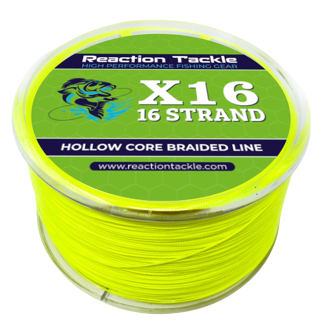 Reaction Tackle Hollow Core 16 Strand Braided Fishing Line spool with tightly woven blue and black braided fishing line.