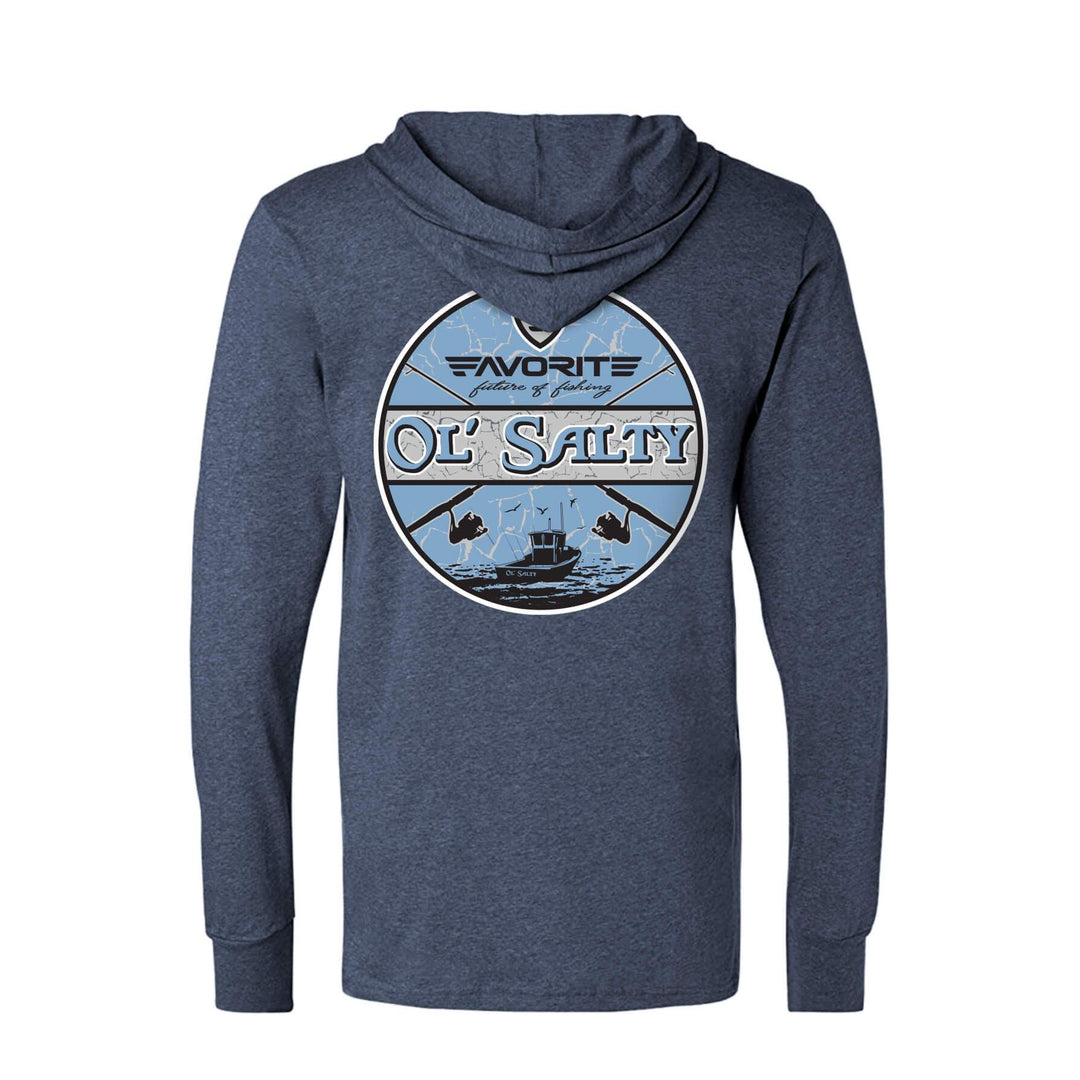 Favorite Fishing Ol Salty lightweight tri-blend hoodie in navy, casual apparel with a relaxed fit and comfortable fabric.