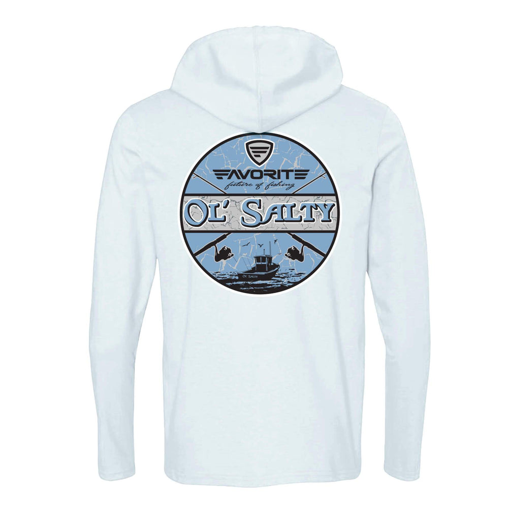 Favorite Fishing Ol Salty lightweight tri-blend hoodie in white, casual apparel with a relaxed fit and stylish design.