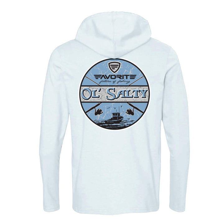 Favorite Fishing Ol Salty lightweight tri-blend hoodie in white, casual apparel with a relaxed fit and stylish design.