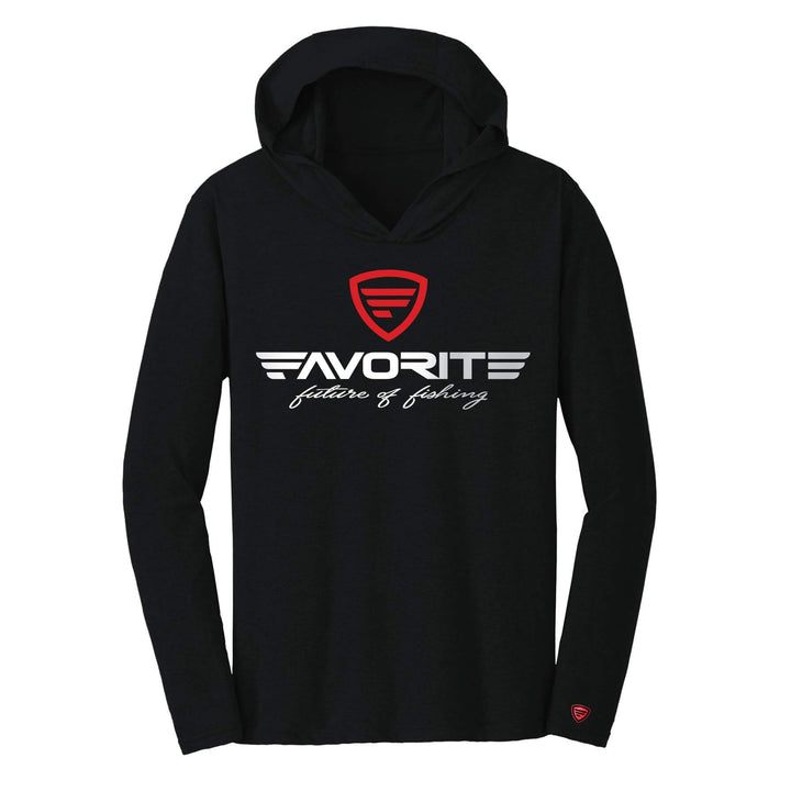 Black lightweight tri-blend hoodie from Favorite Fishing, casual apparel with a comfortable fit and minimalist design.