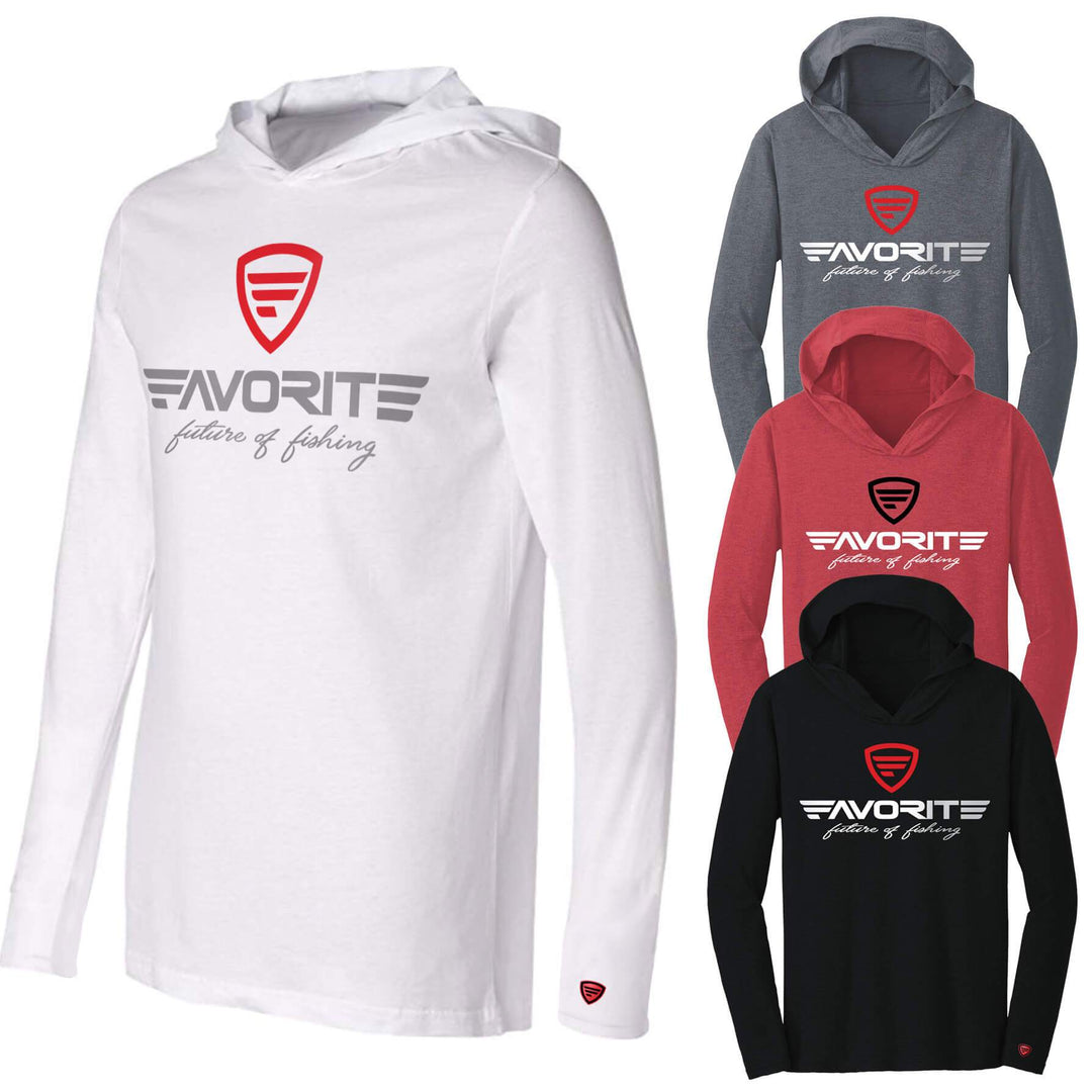 Favorite Fishing lightweight tri-blend hoodie, casual apparel with a comfortable fit, shown in a close-up image.