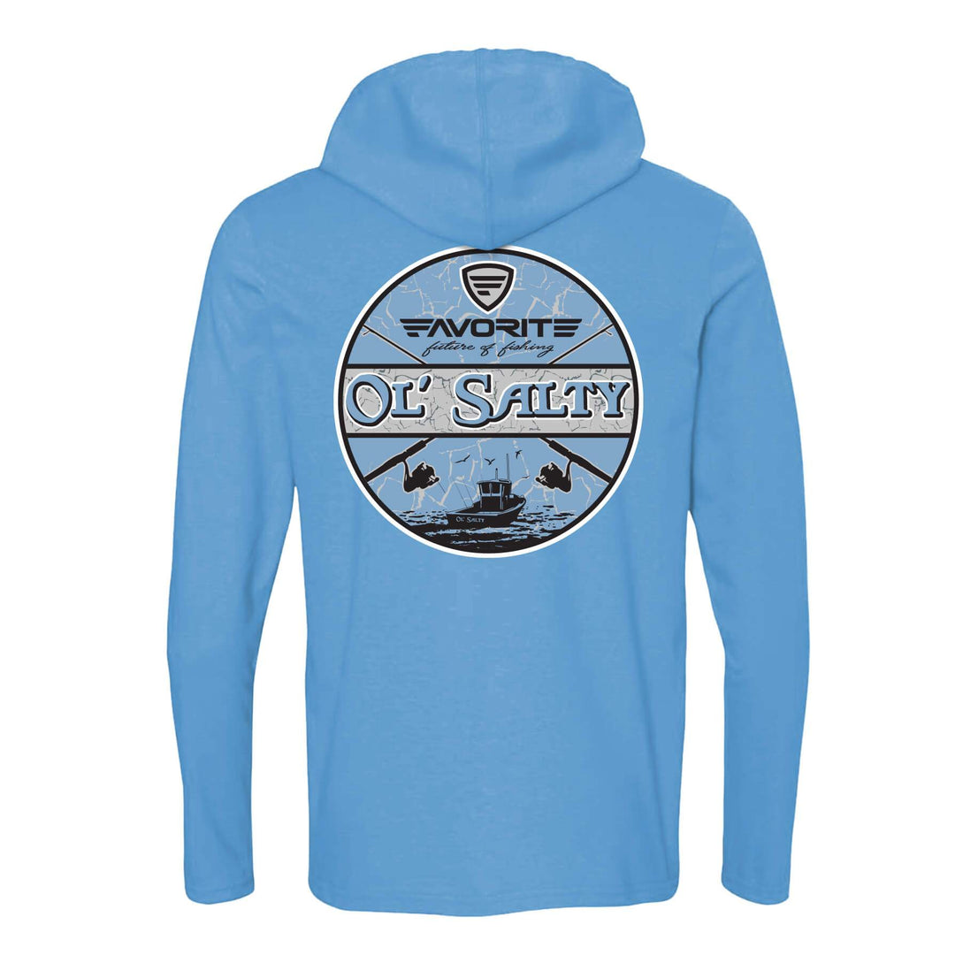 Favorite Fishing Ol Salty lightweight tri-blend hoodie in blue, showcasing a casual fit and soft fabric for comfortable wear.