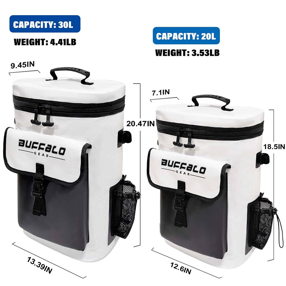 Buffalo Gear 21QT fish cooler backpack and kill bag with durable tackle storage for fishing trips, made of sturdy material.
