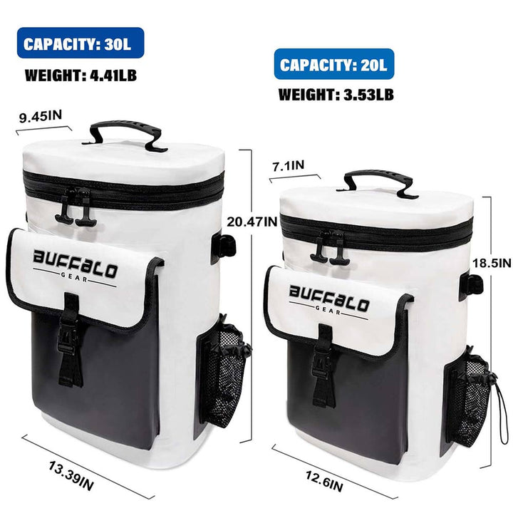 Buffalo Gear 21QT fish cooler backpack and kill bag with durable tackle storage for fishing trips, made of sturdy material.