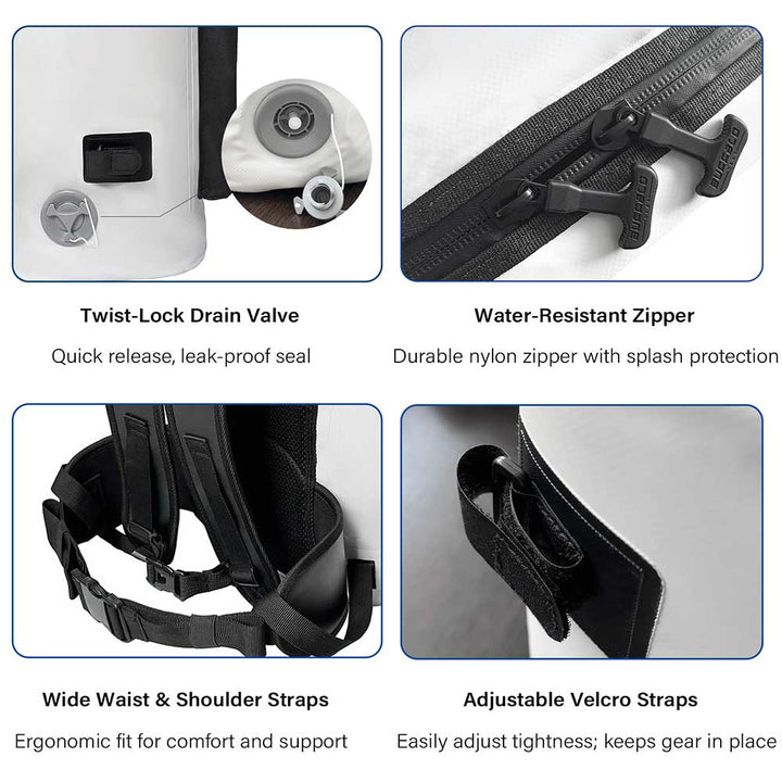 Buffalo Gear 21QT fish cooler backpack and kill bag with insulated compartment for fishing tackle and caught fish.