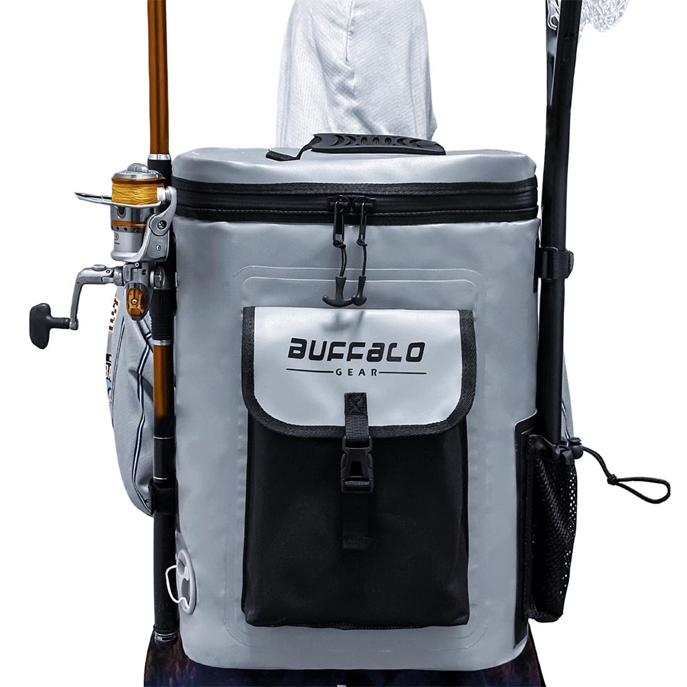 Buffalo Gear 21QT fish cooler backpack and kill bag with adjustable straps for tackle storage and fish preservation.