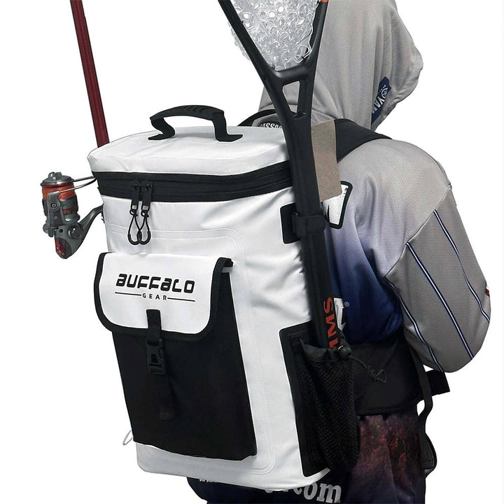 Buffalo Gear 21QT fish cooler backpack and kill bag for tackle storage, featuring insulated design and adjustable straps.