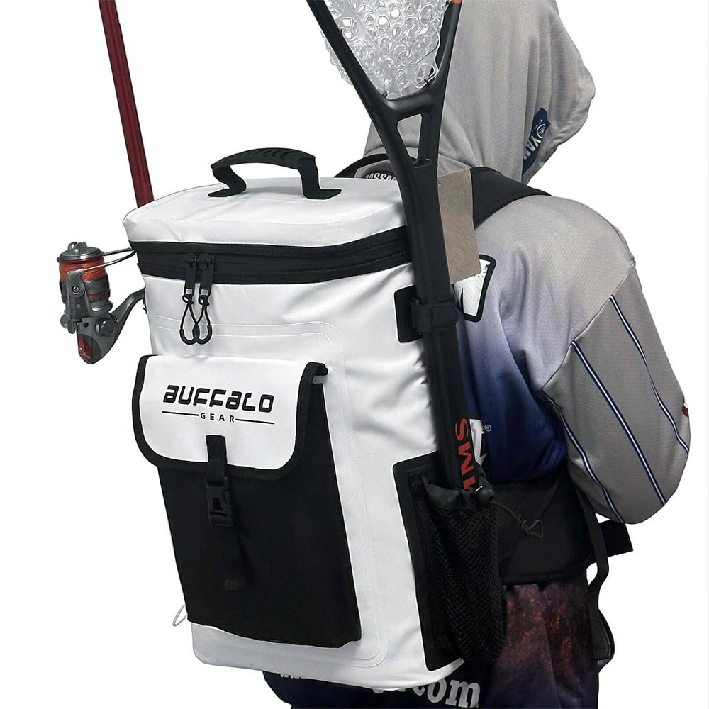 Buffalo Gear 21QT fish cooler backpack with insulated fish kill bag, ideal for tackle storage and fishing trips.
