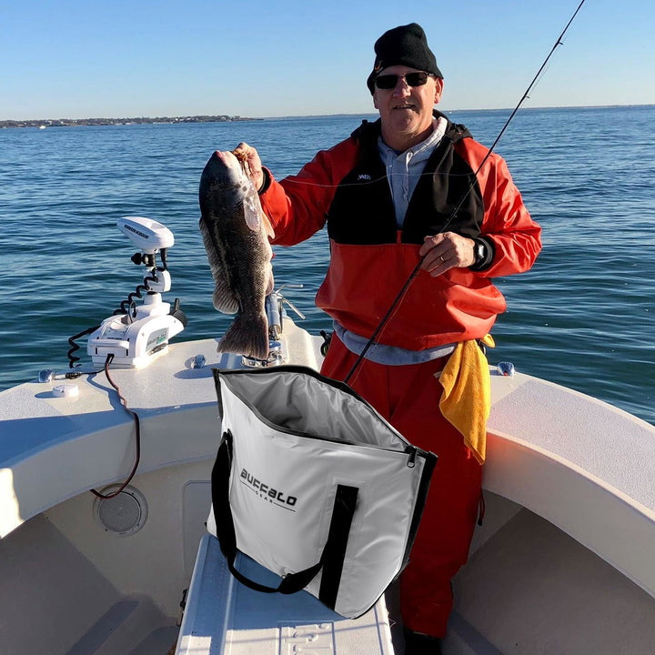 Buffalo Gear 27QT Fish Bag Cooler with flat bottom, insulated bag designed for keeping fish fresh during fishing trips.