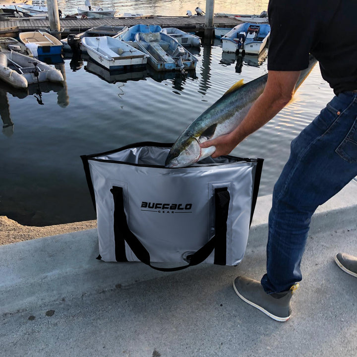 Buffalo Gear 27QT fish bag cooler with flat bottom, insulated outdoor cooler for keeping bait or catch fresh.