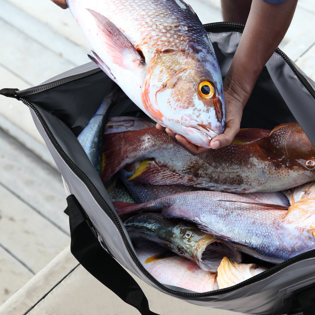 Buffalo Gear 27QT fish bag cooler with flat bottom, insulated fish storage bag for outdoor fishing trips.