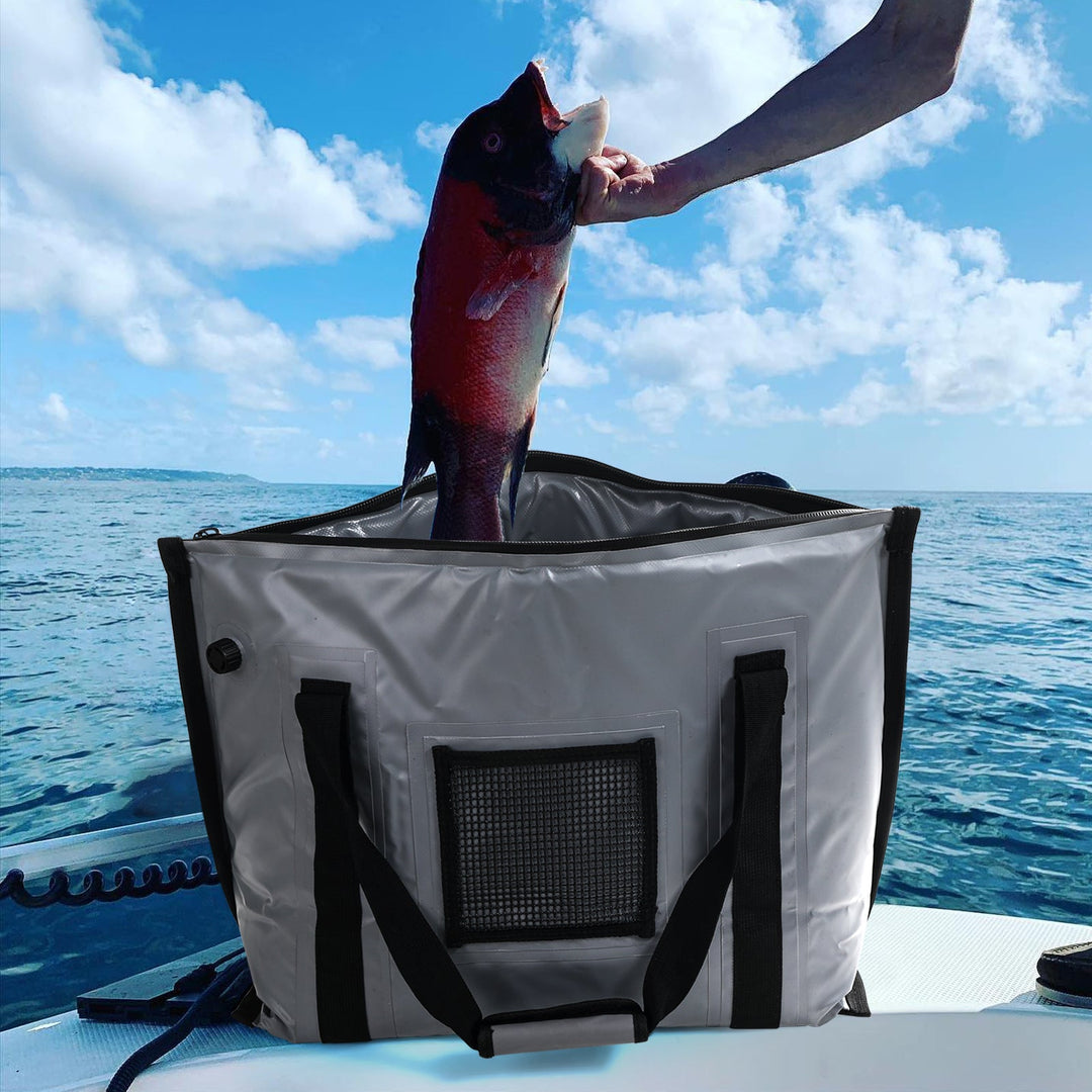 Buffalo Gear 27QT fish bag cooler with flat bottom, portable insulated fish storage bag for fishing trips and outdoor use.