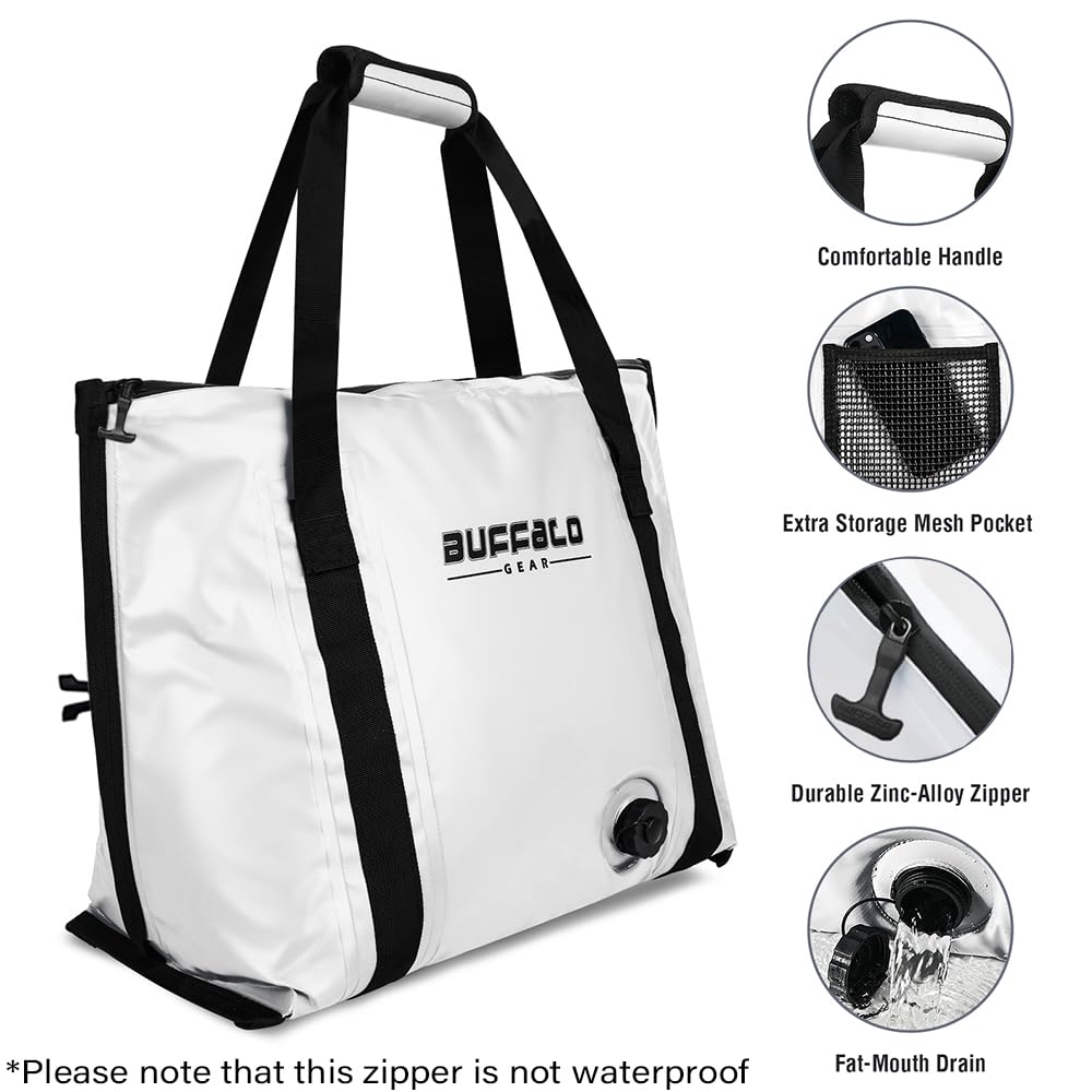 Buffalo Gear 27QT Fish Bag Cooler with flat bottom for easy stability and efficient fish storage during fishing trips.