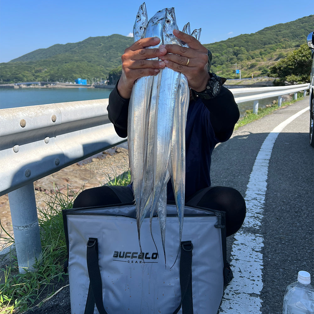 Buffalo Gear 27QT fish bag cooler with flat bottom, insulated and durable for fishing trips, designed to keep catches fresh.