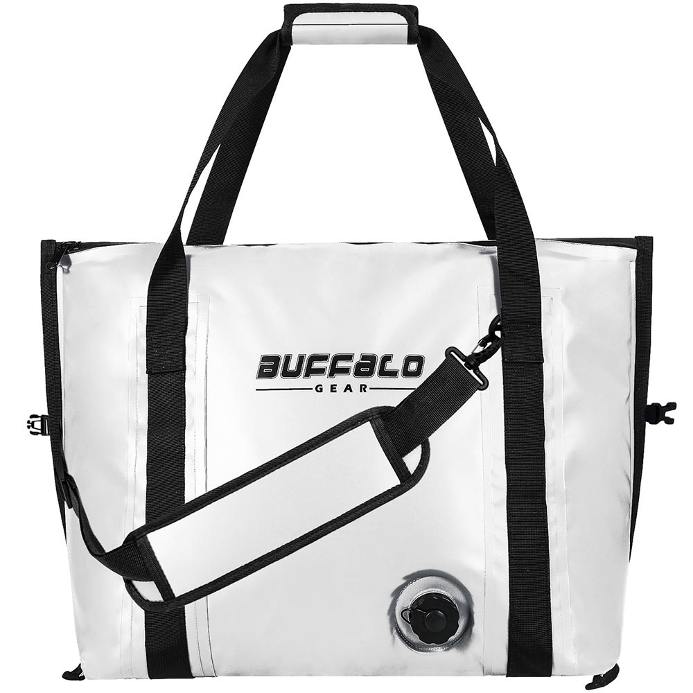 Buffalo Gear 27QT fish bag cooler with flat bottom, insulated design ideal for fishing trips and keeping catch fresh.