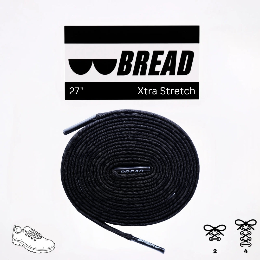 Black elastic shoelace by Bread, labeled Shadow Black, featuring a flexible, stretchable design for comfortable shoe fit.