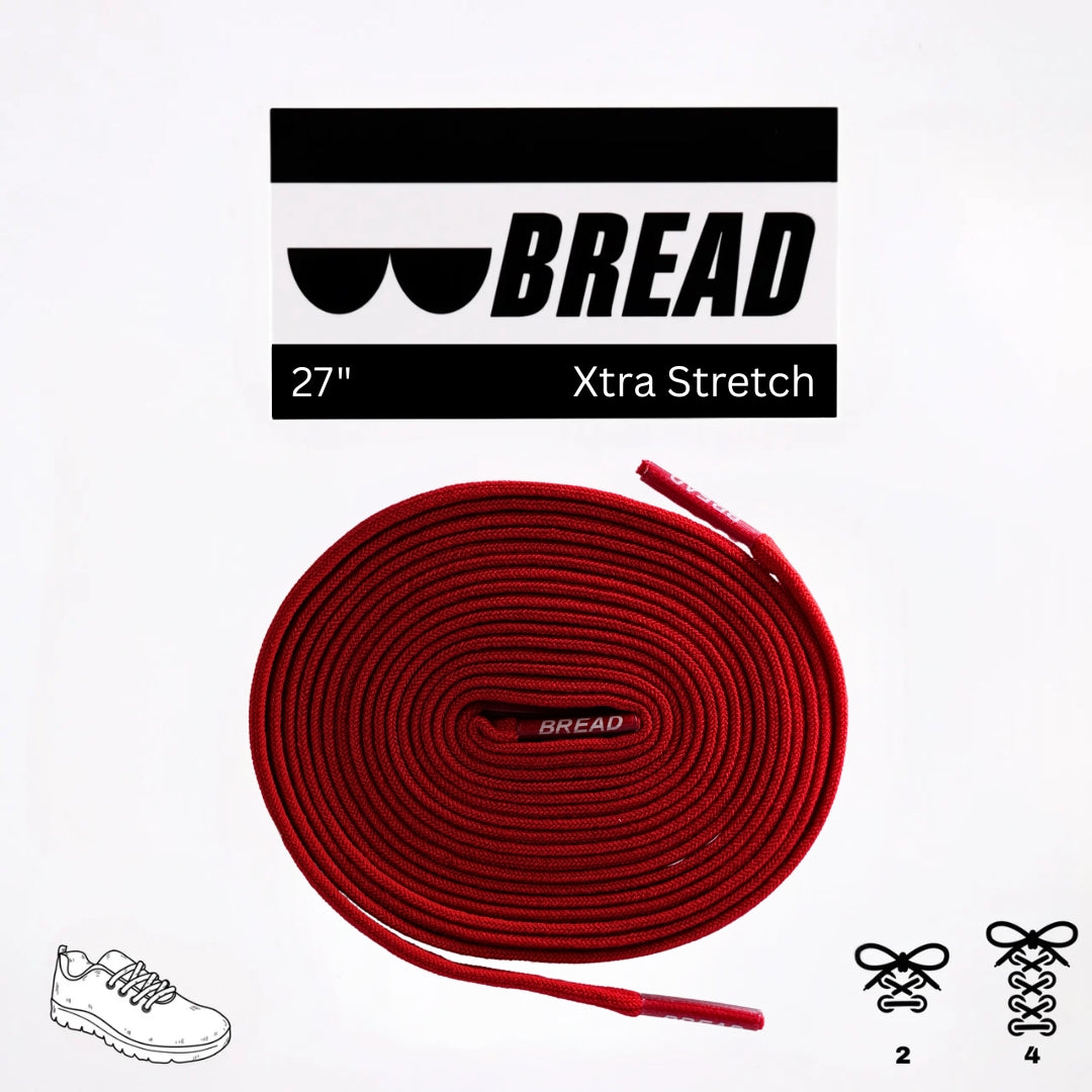 Elastic shoelace in bold red from Bread, showcasing its stretchy, vibrant design perfect for comfortable footwear.