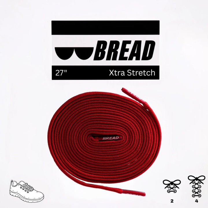 Elastic shoelace in bold red from Bread, showcasing its stretchy, vibrant design perfect for comfortable footwear.