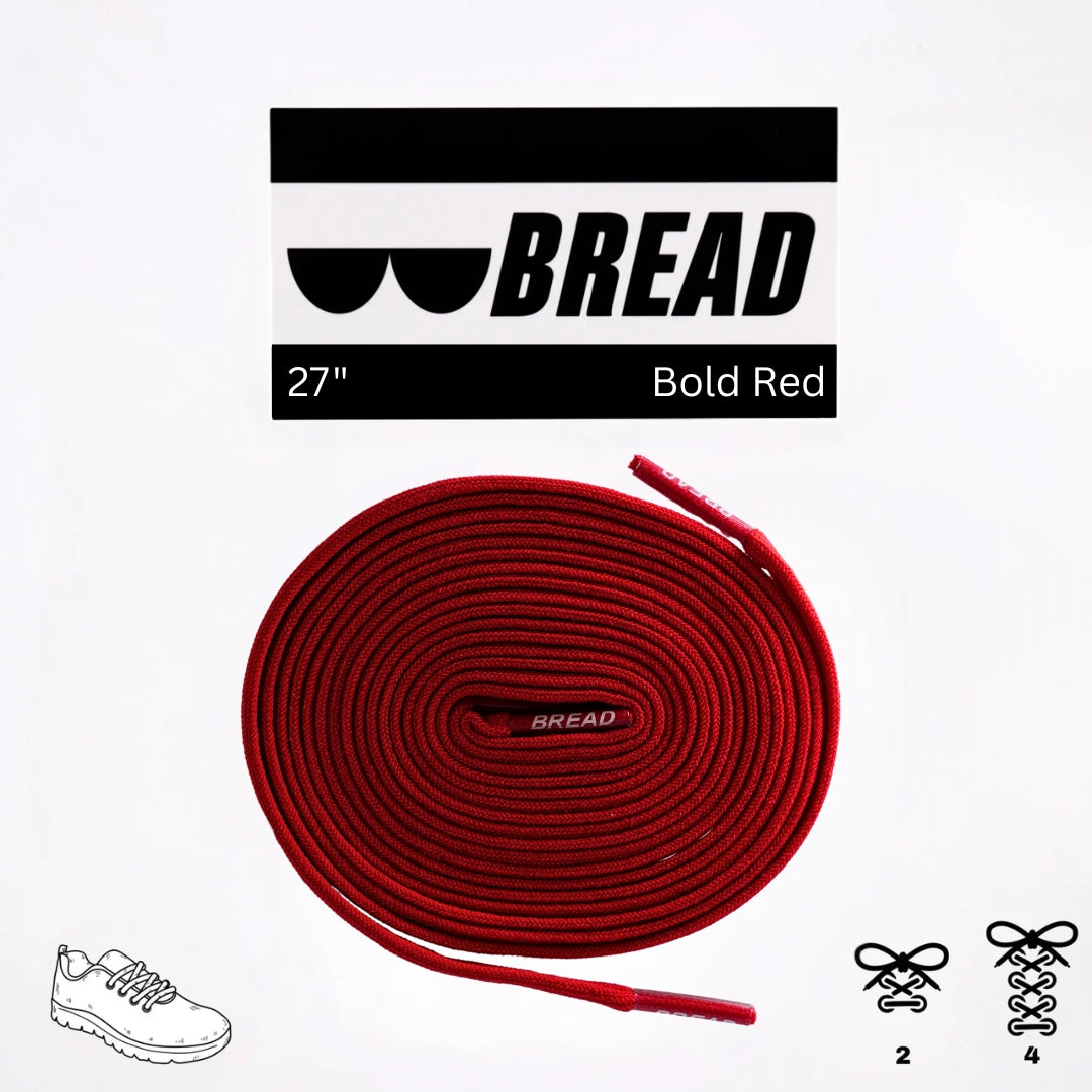 Red elastic shoelace from Bread, showing its flexible stretch and vibrant color on a plain background.