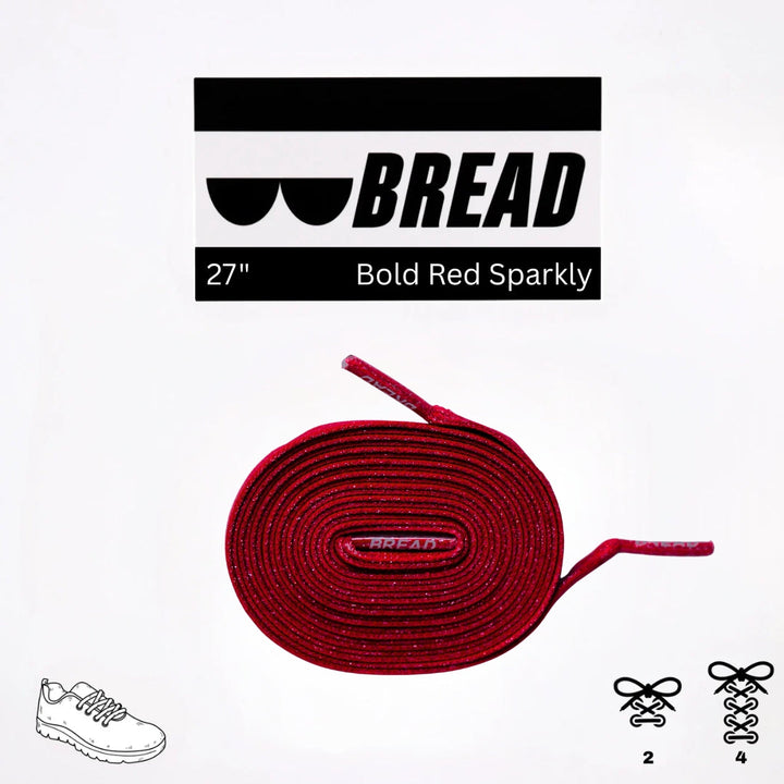 Bright red elastic shoelace from Bread, showcasing its stretchy, flexible design ideal for comfortable, easy-to-wear footwear.
