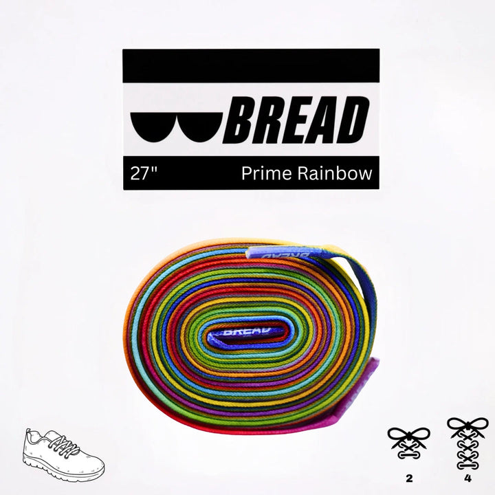 Colorful Prime Rainbow elastic shoelace by Bread, featuring vibrant rainbow design and flexible fit for sneakers and casual shoes.