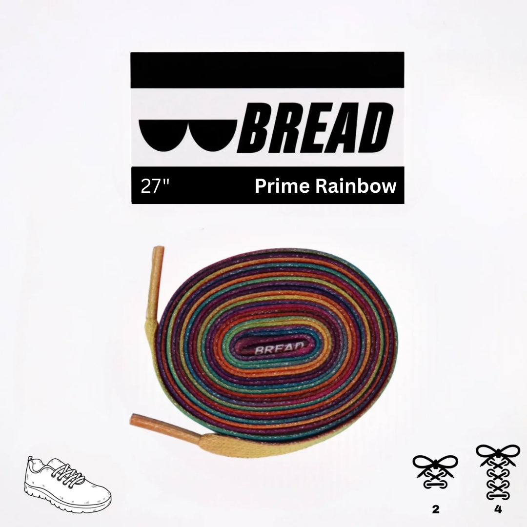 Sparkly Prime Rainbow elastic shoelace by Bread with rainbow colors and a shiny, decorative appearance for sneakers and casual shoes.