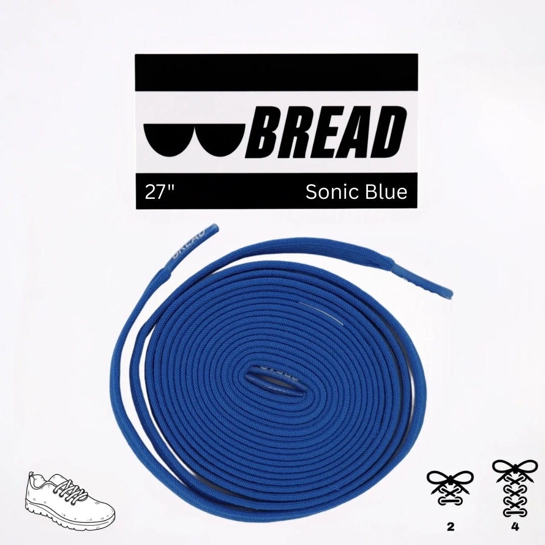 Elastic shoelace in Sonic Blue by Bread, shown with a close-up of the flexible, durable laces designed for easy fastening.