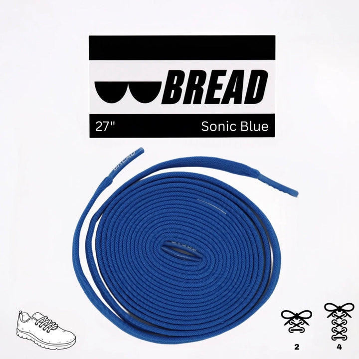 Elastic shoelace in Sonic Blue by Bread, shown with a close-up of the flexible, durable laces designed for easy fastening.