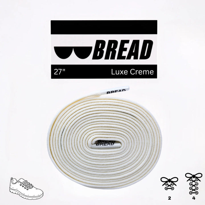 Elastic shoelace labeled Luxe Creme by Bread, shown in a close-up image highlighting its soft, stretchy texture and color.