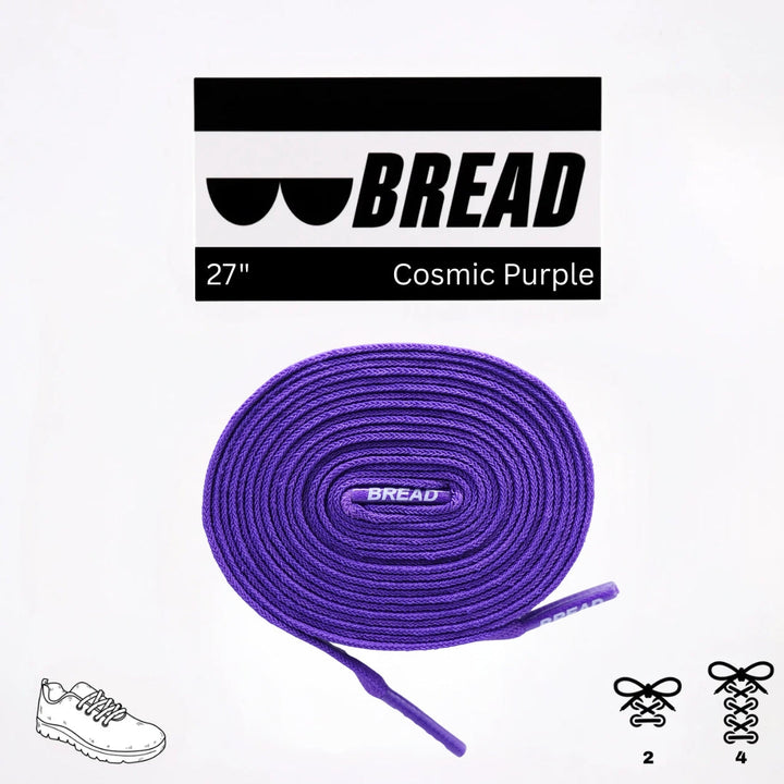 Elastic shoelace in cosmic purple by Bread, showing a close-up of the vibrant, flexible lace threaded through shoe eyelets.