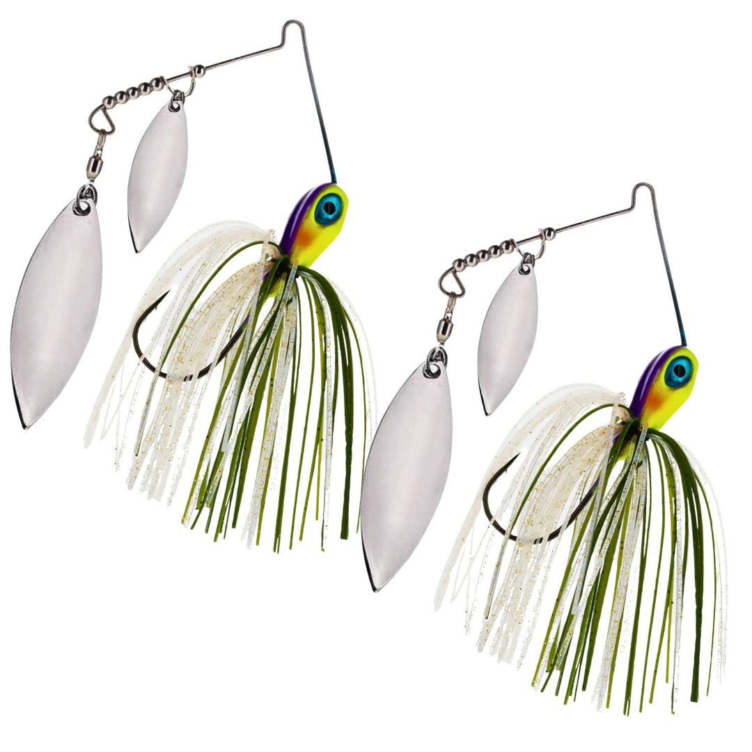 Reaction Tackle Tungsten Double Willow Blade Spinnerbait Jigs 2-pack with sunburst blades on a fishing lure.