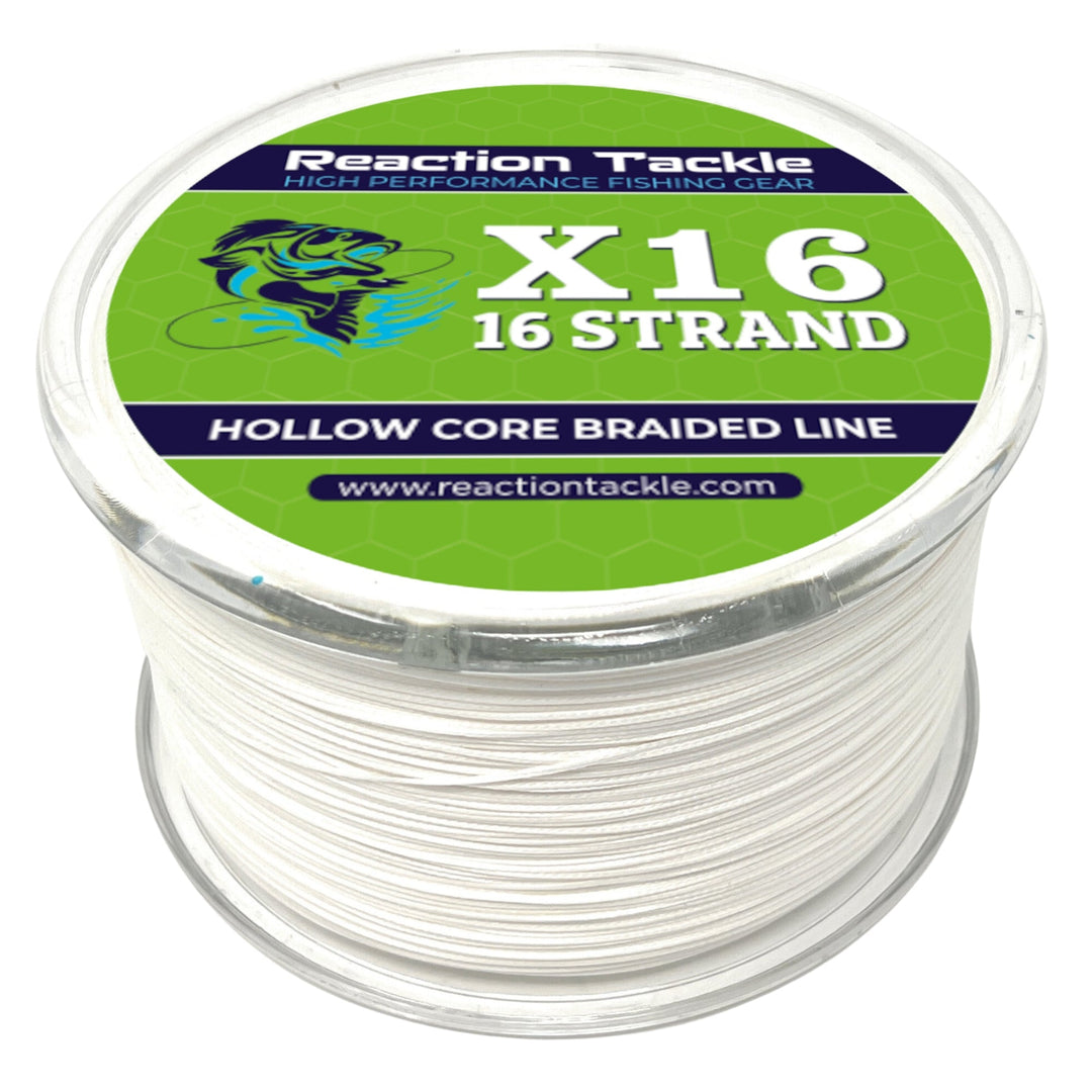 Reaction Tackle Hollow Core 16 Strand Braided Fishing Line, close-up of the durable, tightly woven braided fishing line in natural light.